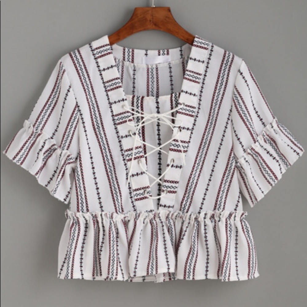 Vertical Striped Print Lace Up Ruffle Top